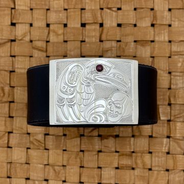 Silver & Leather Raven Bracelet with Garnet