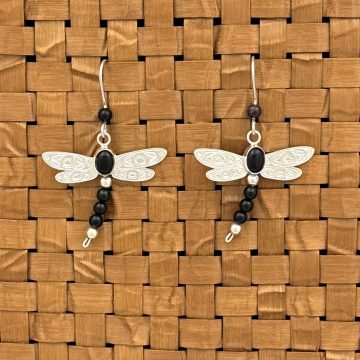 Silver Dragonfly Earrings with Onyx