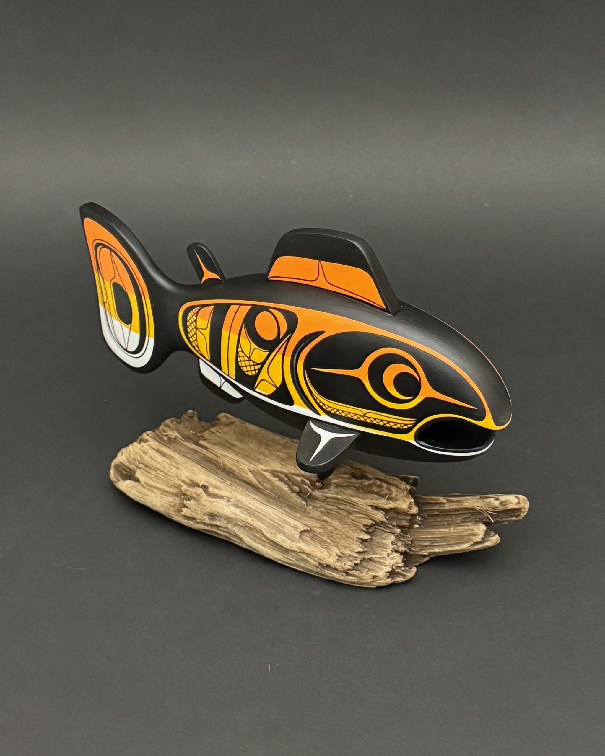 Salmon Sculpture on Driftwood